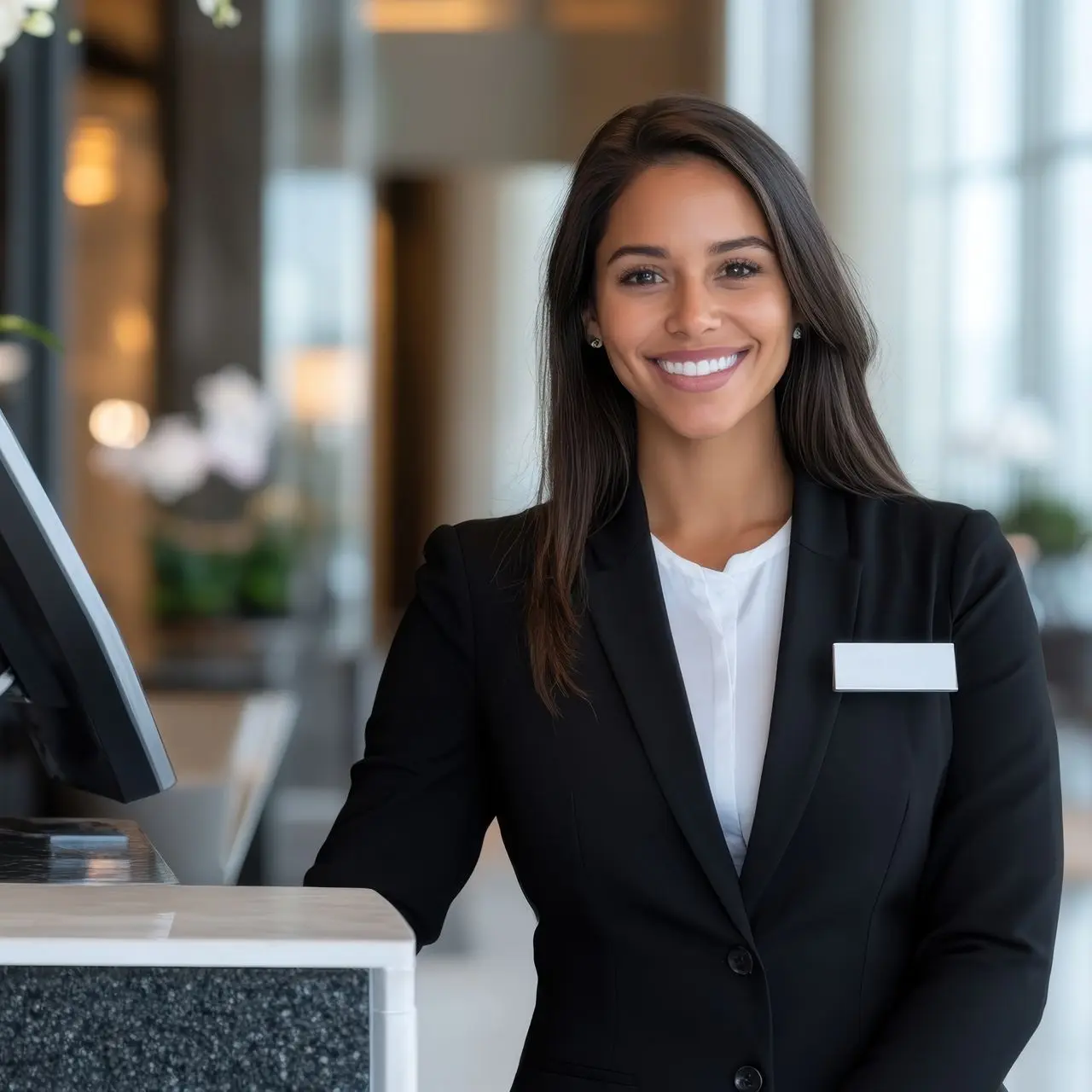 Business owner smiling while using AI receptionist service"  "Voice assistant scheduling appointment on calendar"